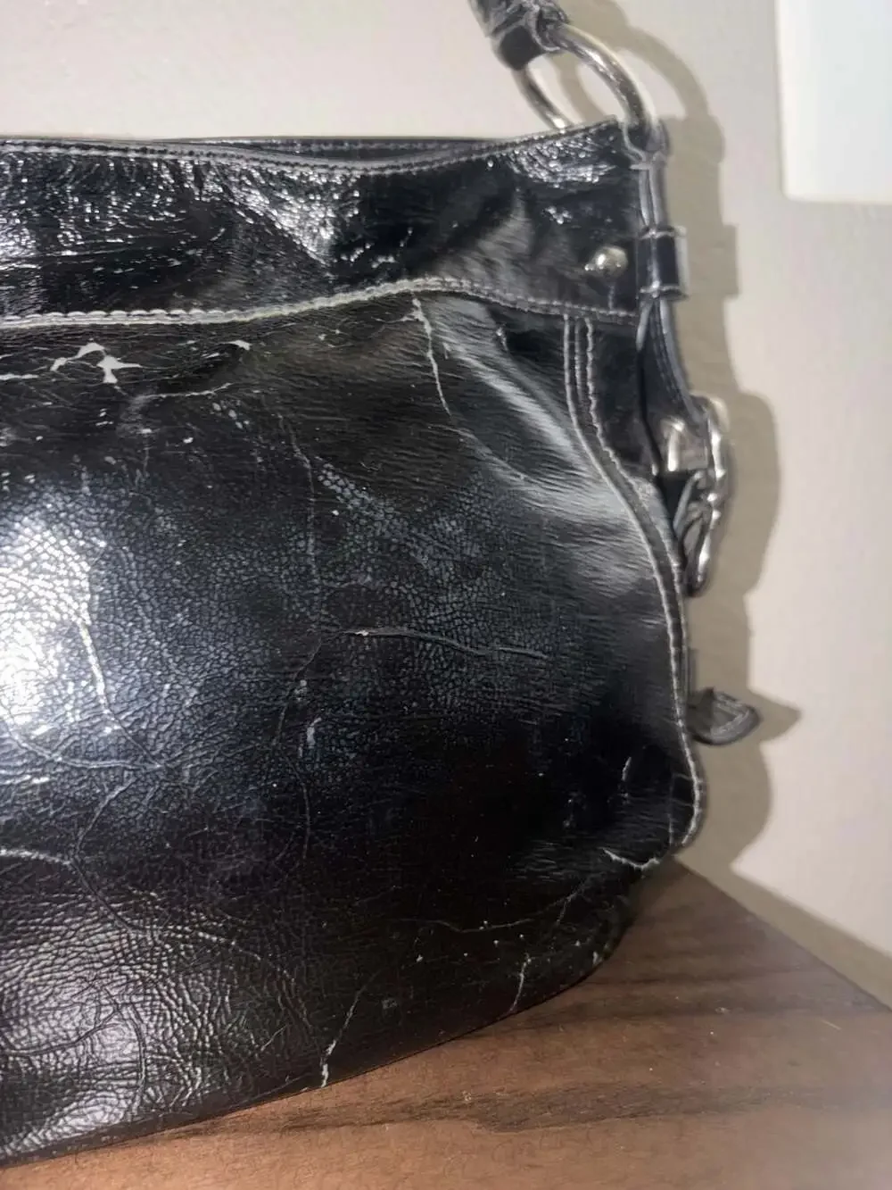 Coach Zoe Black Patent Leather Shoulder Bag with Silver Hardware